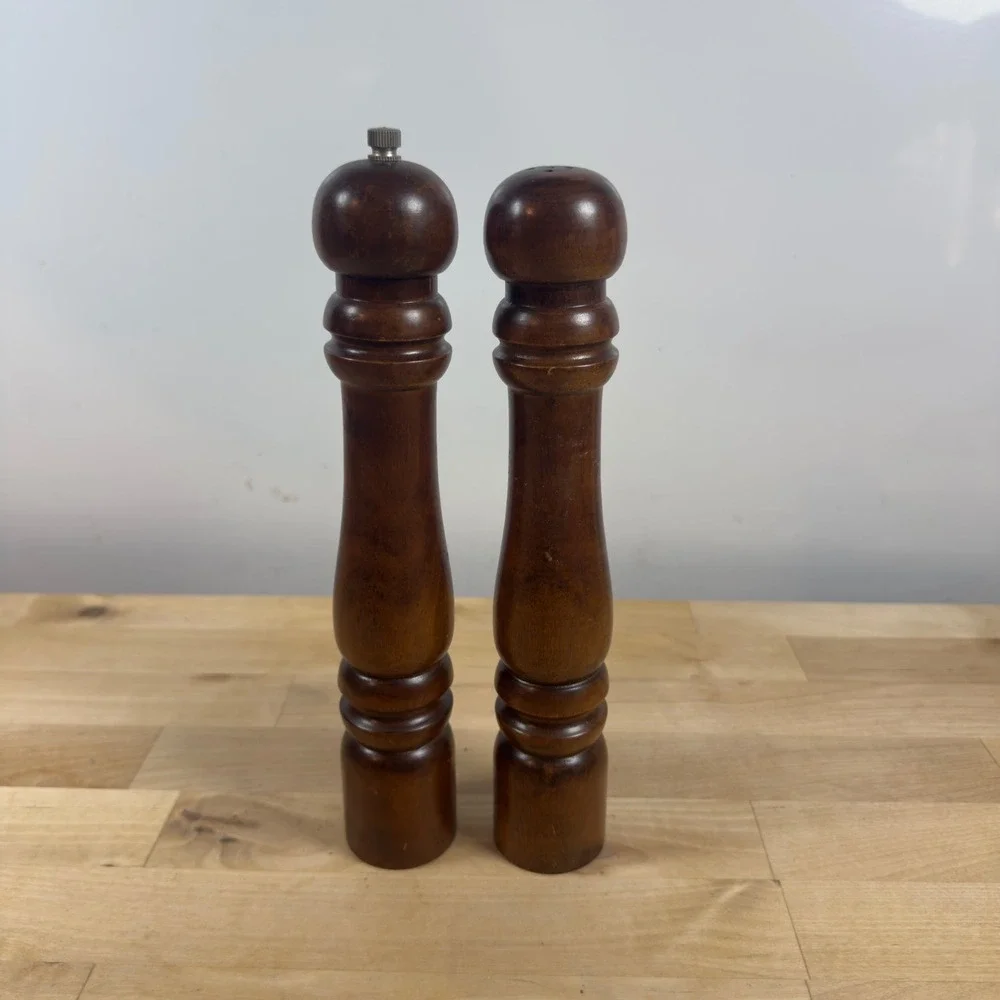 Vintage Dark Wood Salt and Pepper Shaker Mill Set 9.5 Inch Brown Wooden